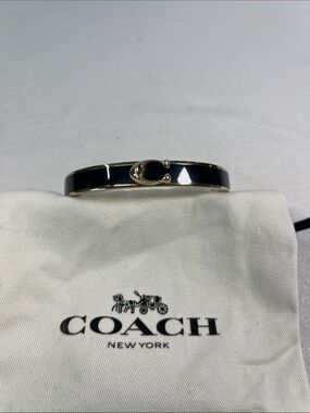Coach Black Enamel Gold Tone Signature C Hinged Bangle Bracelet